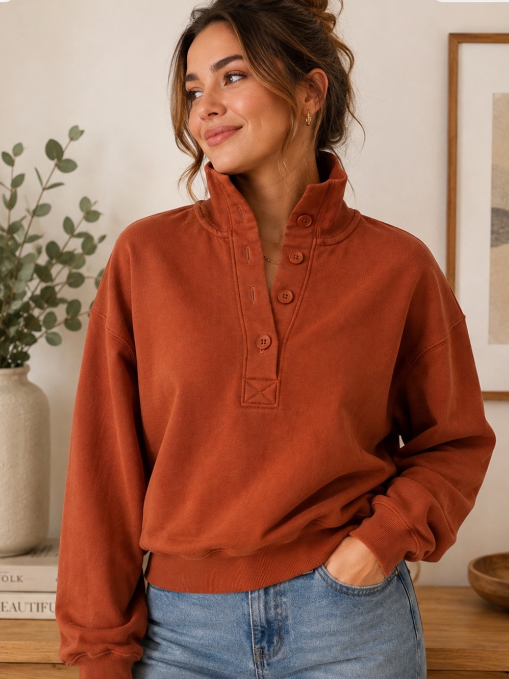 Aritzia Wilfred Free Fleece Button Mock Neck Sweatshirt Copper Size 1